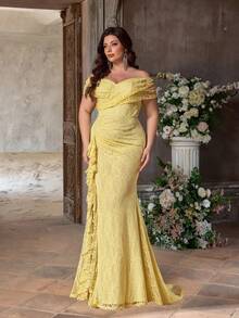 Glamrae Đầm dạ hội dáng đuôi cá màu vàng nhạt thanh lịch, lãng mạn, lệch vai, một tay áo, xếp ly, xẻ cao, chất liệu ren, thích hợp cho tiệc tối, tiệc độc thân, hẹn hò, dạ hội, kỳ nghỉ, đám cưới, phù dâu. - Màu vàng - Xem 8