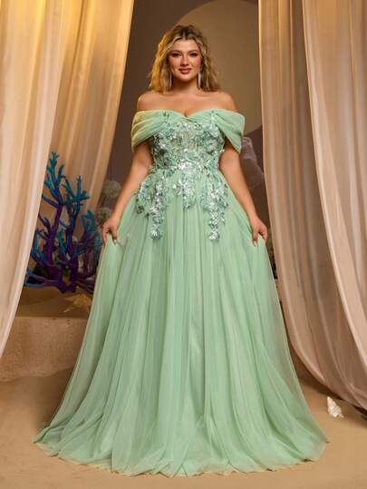 Glamrae Plus Size Elegant Luxurious Green Sequin Embroidered Floral Exquisite Off-Shoulder Puff Sleeve Tulle Maxi Dress, Suitable For Formal Dinner Party, Gala, Wedding Events