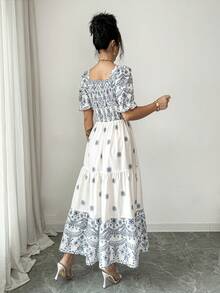 Elenzga Women's Printed Square Neck Waist Cinched A-Line Dress, Elegant For Vacation, Daily Commute, Short Sleeve - Multicolor - View 2