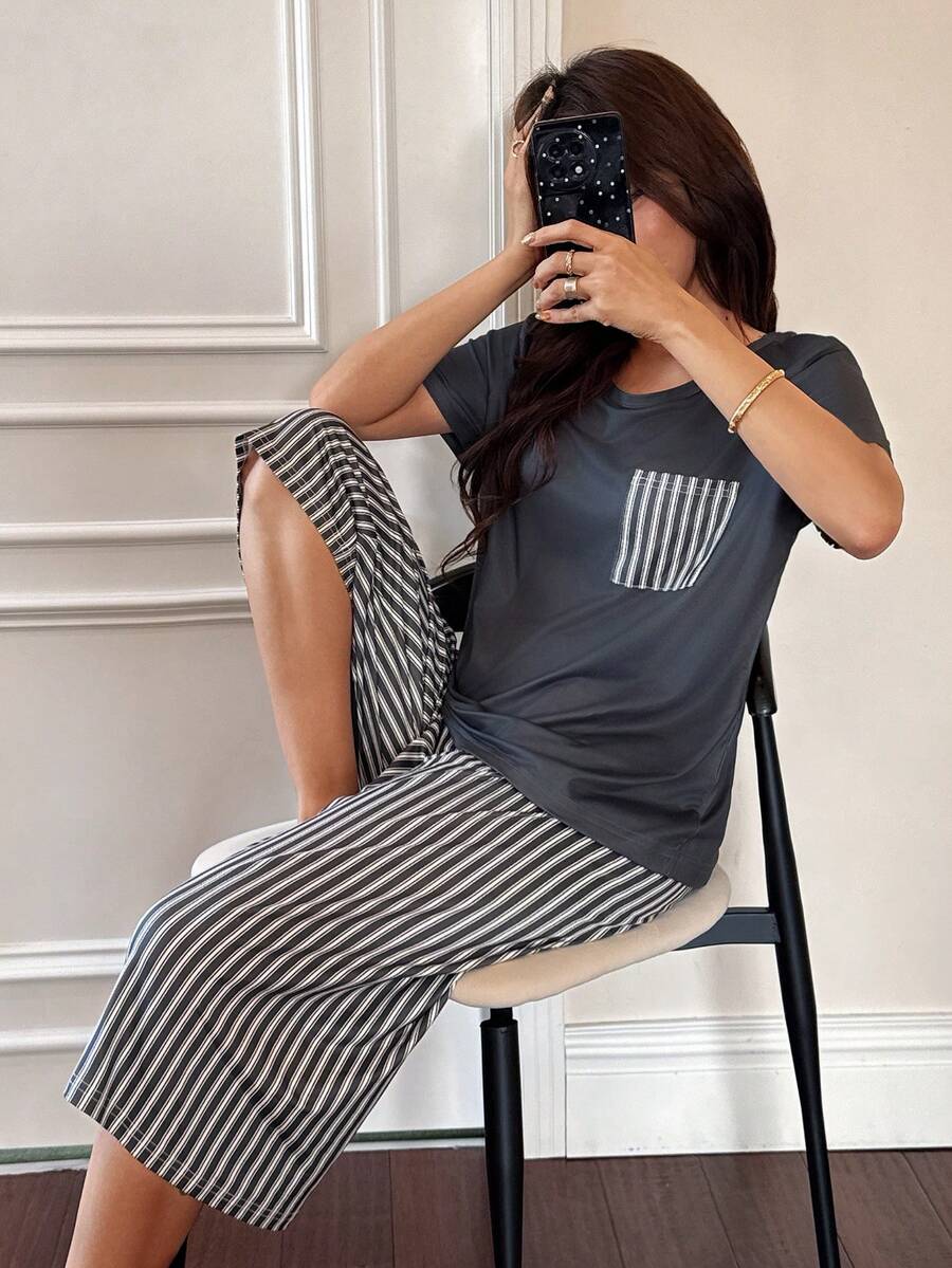 SHEIN Women's Casual Leopard Print Pocket Round Neck Short Sleeve Capri Pants 2 Pieces Pajama Set - Multicolor - View 1