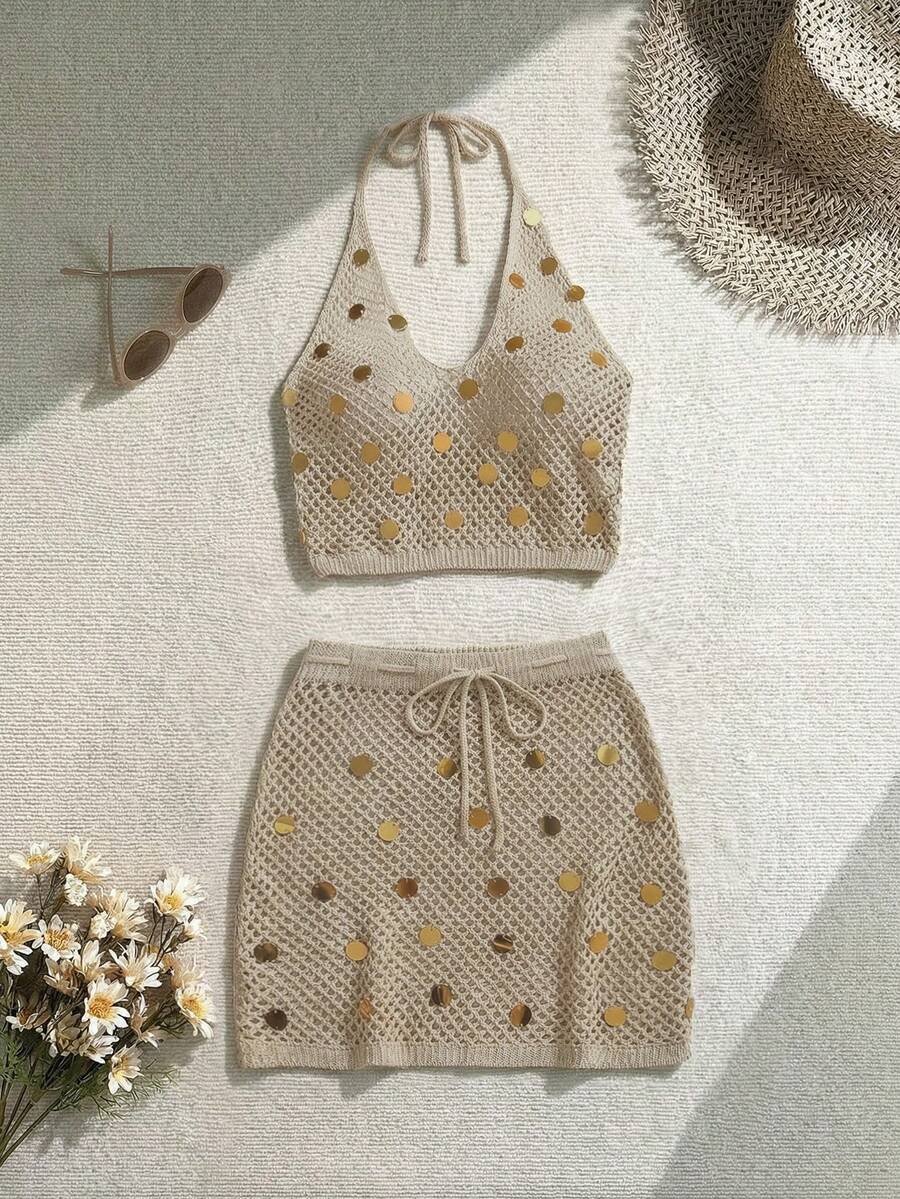 Franclia 新款性感修身沙滩度假风波西米亚优雅甜美度假风露背V领亮片个性闪亮魅力休闲百搭比基尼性感女士慵懒法式复古女式两件套毛衣套装，夏季 - 卡其色 - 查看 1