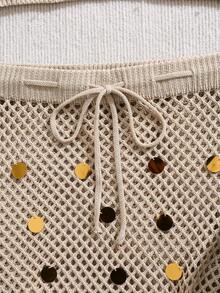 Franclia 新款性感修身沙滩度假风波西米亚优雅甜美度假风露背V领亮片个性闪亮魅力休闲百搭比基尼性感女士慵懒法式复古女式两件套毛衣套装，夏季 - 卡其色 - 查看 5