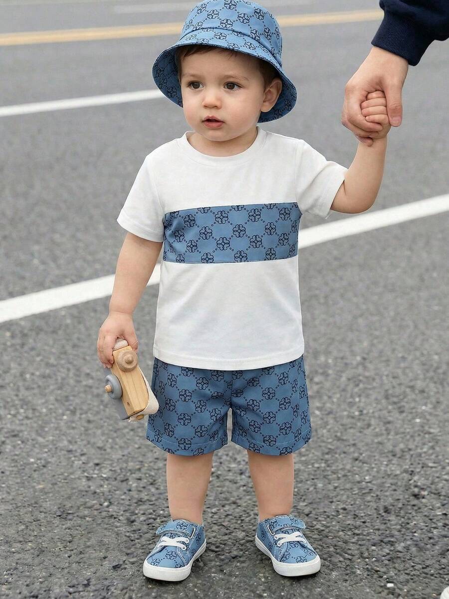 Souflis Souflis 3件套男婴幼儿套装 - 复古花卉印花拼接上衣、裤子和帽子套装，休闲百搭，适合夏季外出、度假和各种场合 - 白色 - 查看 1
