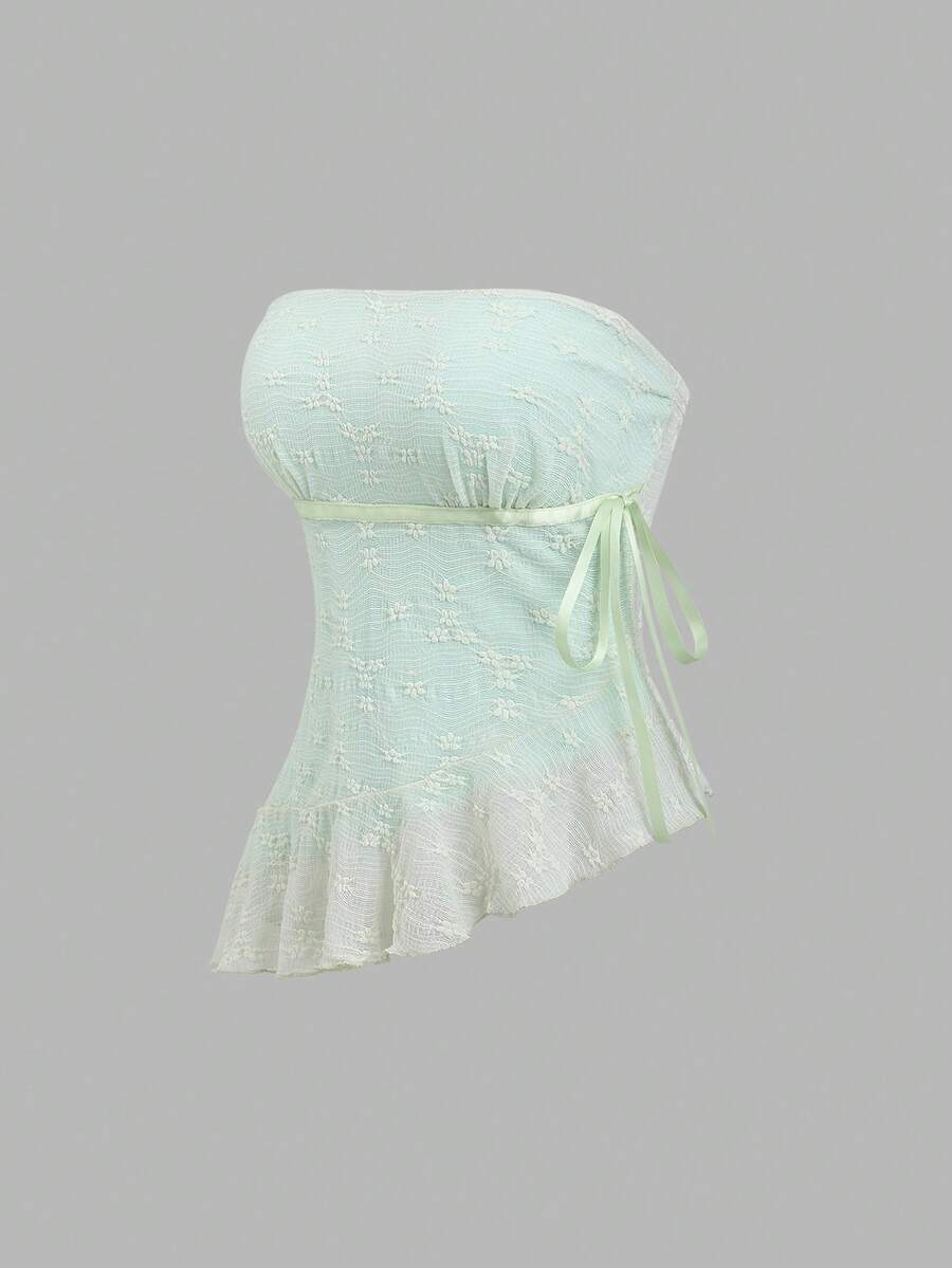 Sweetra Áo croptop cúp ngực ren nơ lệch vạt gợi cảm phong cách Y2K - Màu xanh Bạc hà - Xem 1