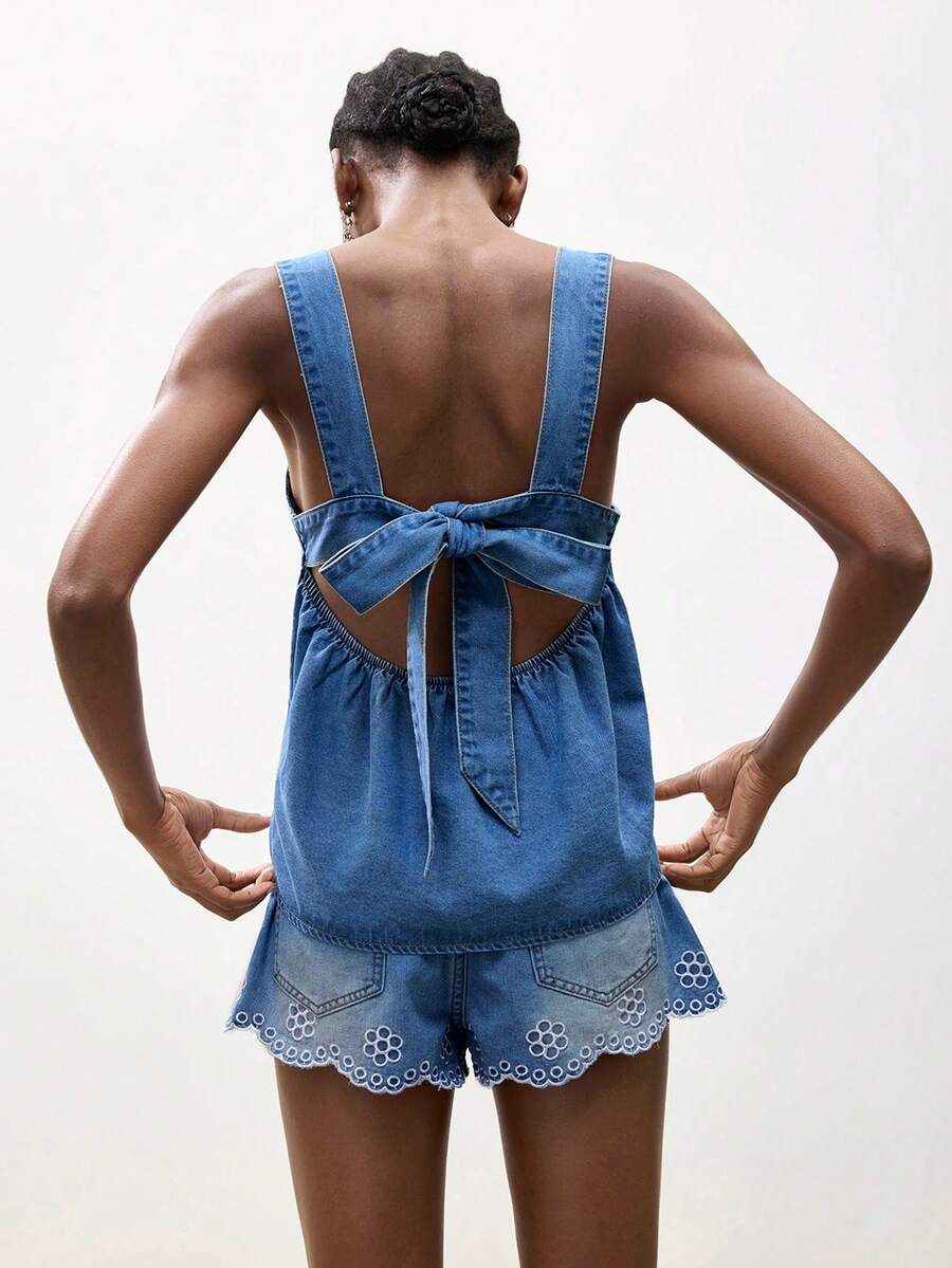 Maija 女士休闲系带露背无袖牛仔衬衫，夏季 - 中等水洗藍 - 查看 1