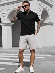 Manfinity CasualCool 男士短袖纹理面料 Polo 衫，适合外出、聚会和办公穿着 - 黑色 - 查看 5