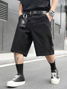 Manfinity EMRG Quần short denim đen nam kiểu dáng đường phố, thêu họa tiết, có khóa kéo. - màu đen - Xem 8