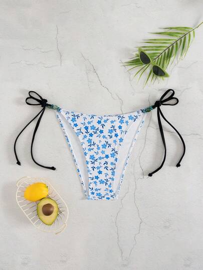 Swim Mod Women's Summer Vacation Casual Beach Wear Ditsy Floral Bikini Bottom Bikini Bottoms With Beaded Tie