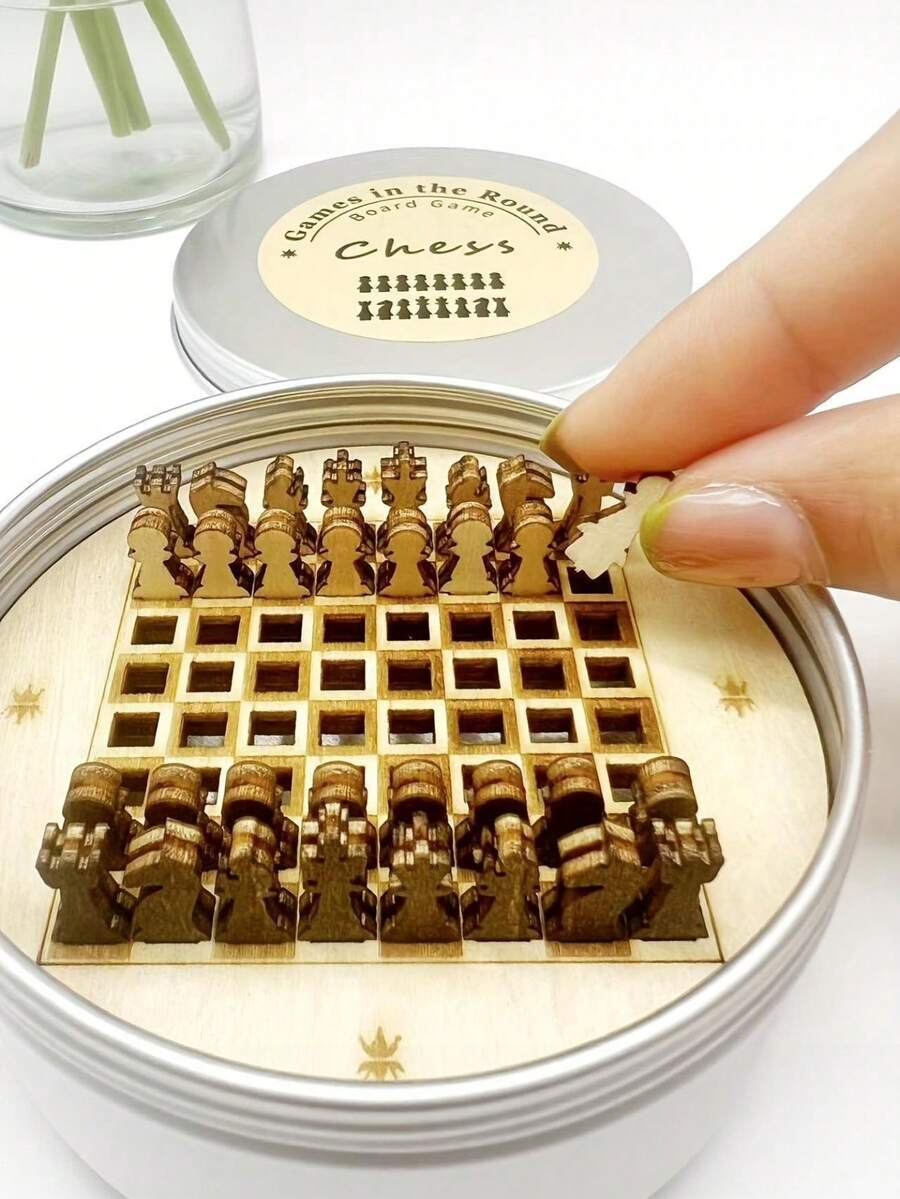 Zazumi 1件，旅行罐装国际象棋，木制工艺国际象棋，口袋国际象棋圆形对子，旅行套装国际象棋，复古棋盘，派对活动礼品 - 彩色 - 查看 1