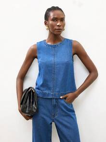 Maija Women's Casual Denim Vest And Pants Set, Summer - Medium Wash - View 5