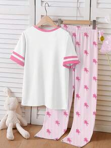 SHEIN 少女睡衣套装，包括一件马图案针织撞色圆领短袖T恤和一条条纹长裤，休闲舒适的春夏睡衣。 - 白色 - 查看 2