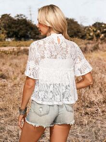 LanaWest Women's Summer Lace Ruffle Hem Sheer Short Sleeve Blouse - White - View 2