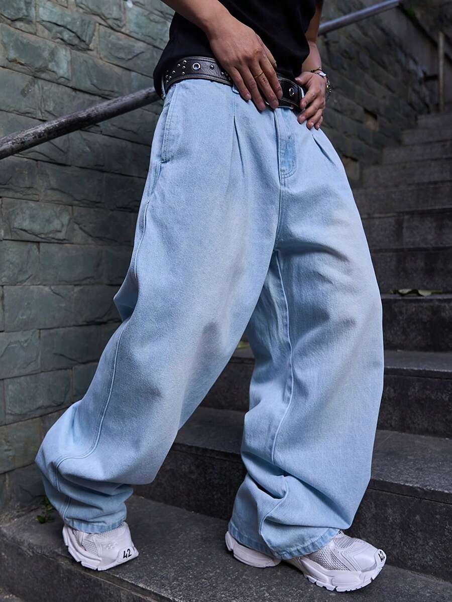 Manfinity Roghcode 男士休闲宽松褶皱阔腿蓝色牛仔裤 - 淺色水洗藍 - 查看 1