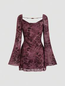 Sweetra Women's Butterfly & Floral Pattern Sweetheart Neck Long Sleeve Dress, Spring/Summer - Purple - View 2