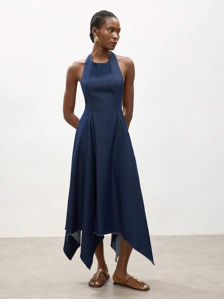 SHEIN Maija Vestido vaquero casual de mujer con escote halter sin espalda y bajo asimétrico
