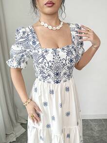 Elenzga Women's Printed Square Neck Waist Cinched A-Line Dress, Elegant For Vacation, Daily Commute, Short Sleeve - Multicolor - View 6