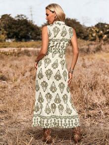 LanaWest Women's Vacation Western Casual Bohemian Style Printed Tie-Up Dress - Green - View 2