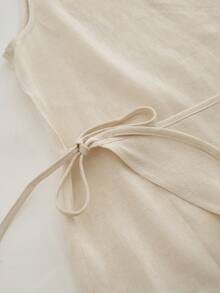 Aalyst 女士春夏格纹亚麻法式优雅衬衫，适合办公室、通勤、度假、浪漫下午茶等场合，圆领无袖系腰衬衫上衣 - 杏色 - 查看 6