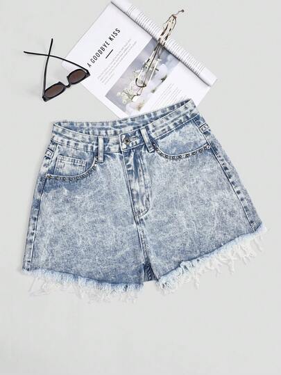 SHEIN Fashionable Beaded Frayed Hem Women's Denim Shorts