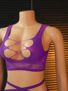 Women's Sexy Hollow Out Mesh Lace-Up Design 2 Pieces Lingerie Set - Purple - View 3
