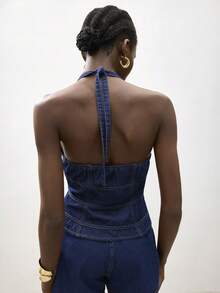 Maija Áo croptop denim hở lưng cổ yếm gợi cảm dành cho nữ mùa hè - Rửa tối - Xem 3