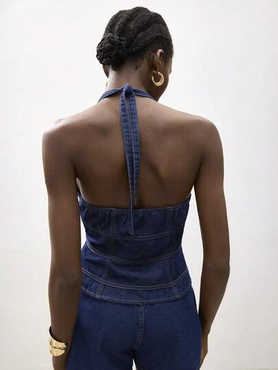 Maija Áo croptop denim hở lưng cổ yếm gợi cảm dành cho nữ mùa hè