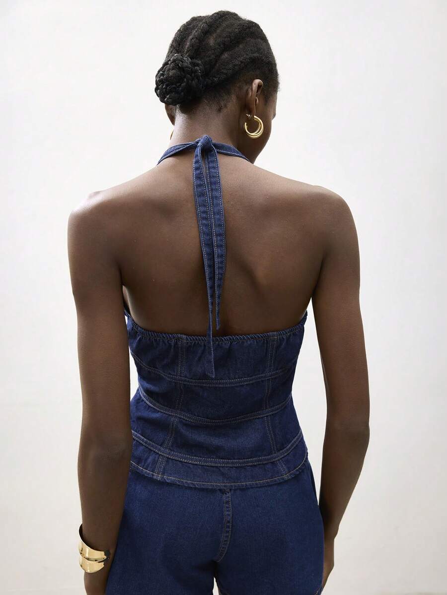 Maija Áo croptop denim hở lưng cổ yếm gợi cảm dành cho nữ mùa hè - Rửa tối - Xem 1