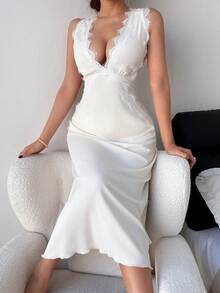 SHEIN Lace Trim V-Neck Backless Long Nightgown For Women - Apricot - View 5