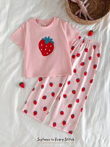 Cozy Pixies Young Girl Bow Knit Soft Round Neck Short Sleeve Top And Elastic Waist Pants 2 Pieces Set Cotton Pajama Set For Girls Strawberry Pajama Set Kids Strawberry Pjs - Multicolor - View 5