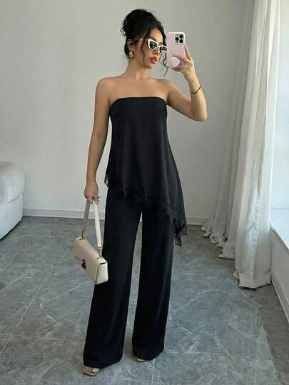 Elenzga Standard Size Women's Spring/Summer Asymmetric Hem Lace Patchwork Elegant Long Suit