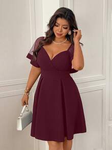 Femmeverse Vestido evasé de mujer talla grande con parches de malla, estilizador y elegante - Morado - Ver 3