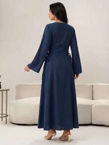 Đầm xòe kiểu Ả Rập thắt eo, thêu và đính cườm cầu kỳ dành cho nữ. - Xanh đậm - Xem 2