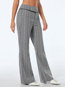 SHEIN ICON Quần ống loe cạp siêu thấp kẻ caro dáng thường ngày dành cho nữ - Xám - Xem 5