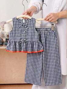 SHEIN 2件套少女格子圆领休闲背心和裤子套装 - 藏蓝色 - 查看 4