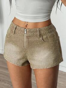 SHEIN ICON Shorts vaqueros de mujer con lavado y aplicaciones de diamante de imitación, casuales para verano - Caqui - Ver 6