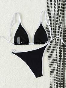 Swim Mod Color Block Bikini Set With Triangular Cups And Edge Wrapping Design, Summer Beach - Black and White - View 3