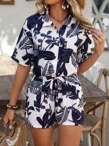 SHEIN LUNE Women's Summer Vacation Casual Botanical Print Lapel Waist Jumpsuit - Navy Blue - View 5