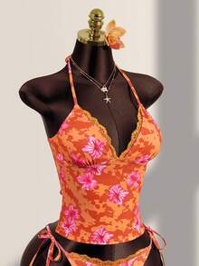 Zestiva Women's Summer Vacation Casual Beach Wear Tropical Floral Tie-Dye Print Swimwear Top, Bikini Lace Trim Swimwear - Multicolor - View 5