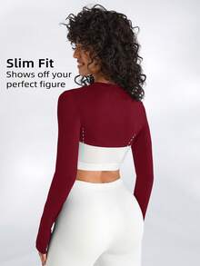 SHEIN Cheerettes 女士简约纯色弹力拇指孔超短运动T恤，夏季 - 紅色 - 查看 2