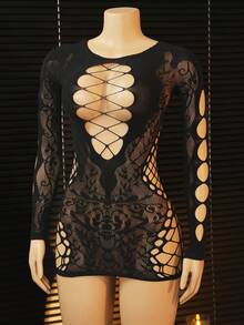 1pc Women's Sexy Hollow Out Mesh Bodycon Mini Skirt - Black - View 5