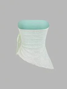 Sweetra Áo croptop cúp ngực ren nơ lệch vạt gợi cảm phong cách Y2K - Màu xanh Bạc hà - Xem 2