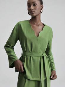 Ontre Women's Olive Green Linen Fabric Fitted Silhouette Dropped Shoulder Long Sleeve Waist Pleated Modern Elegant Wedding Guest Outfit, Minimalist Romantic French Luxe Urban Chic Business Casual Office Wear, Low-Key Old Money Vibe High-End City Commute High-Quality Airport Cruise Middle East Festival Essential Versatile Seasonal Bridal Series Blouse - Green - View 6