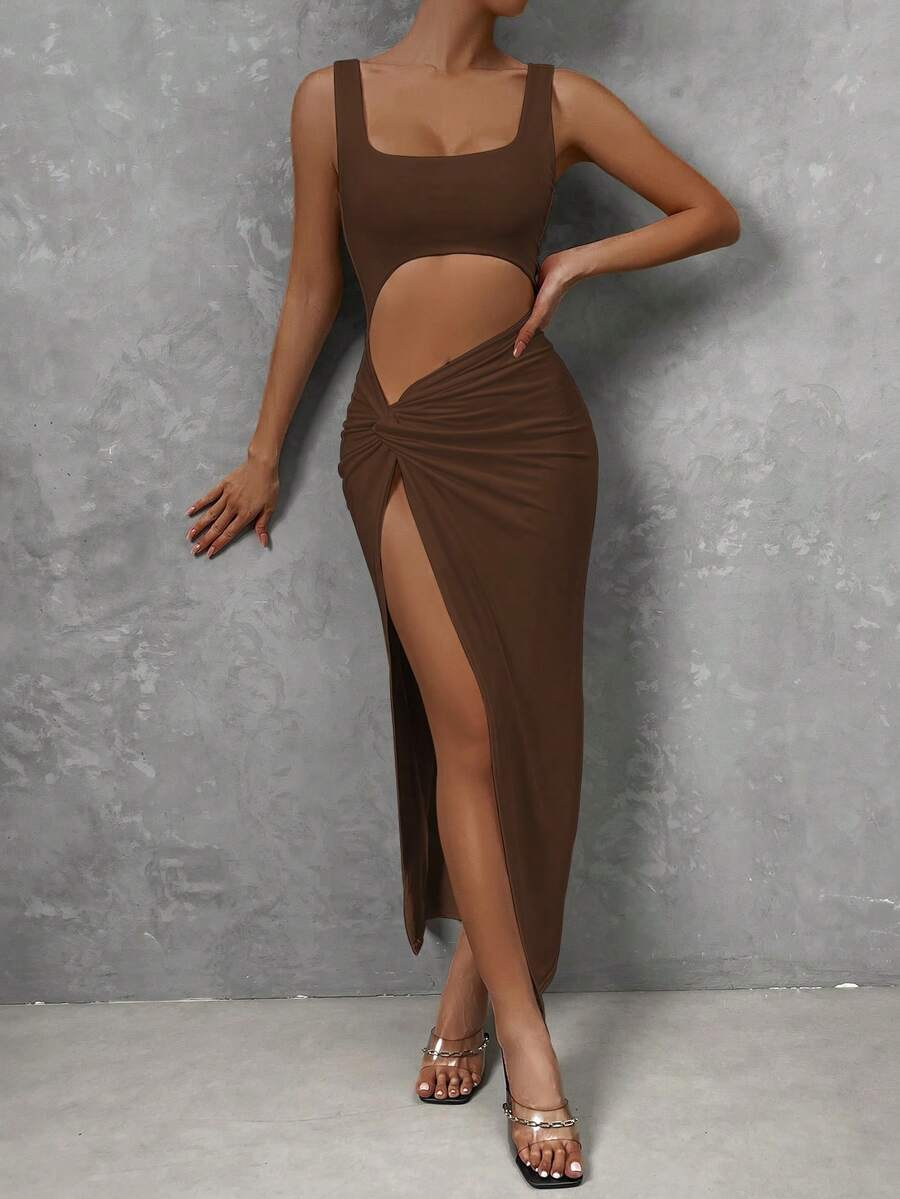 Chiquease 棕色性感镂空扭结前开衩大腿长裙，适合舞会、锐舞派对、街头风、演唱会、夜店、约会、生日派对、婚礼、毕业季、度假风、休闲等场合。 - 棕色 - 查看 1