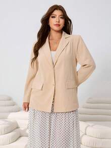 SHEIN EZwear Plus Size Versatile Loose Fit Cotton Blend Blazer,Beige Summer Smart Casual Formal Jacket For Weddings,Parties,Graduations,Streetwear,Apricot Color - Apricot - View 7