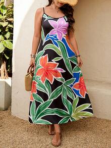 Breezaya Fashionable Casual Summer Vacation Elegant Retro Printed Slip Dress - Green - View 4