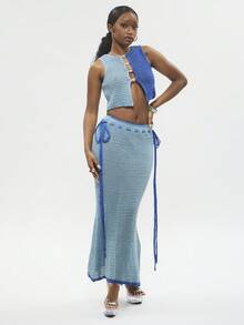 Modviera Women's Summer New Vacation Style High Waist Tie Knit Skirt - Blue - View 7