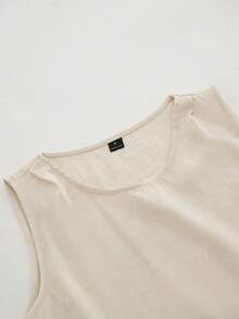 Aalyst 女士春夏格纹亚麻法式优雅衬衫，适合办公室、通勤、度假、浪漫下午茶等场合，圆领无袖系腰衬衫上衣 - 杏色 - 查看 5