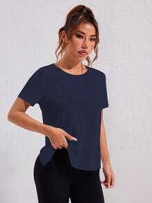 Gameset SHEIN Sport 迷彩提花网眼拼布短袖运动上衣，春夏季健身女式衬衫 - 藏蓝色 - 查看 5