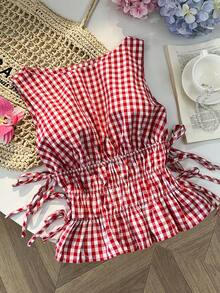 Sweetra Französischer Retro-Stil Damen Bluse für Frühling/Sommer, rot-weiß kariert, ärmellos, quadratischer Kragen, tailliert, Schleife, Rüschensaum, süß und kurz geschnitten - Rot-Weiß - Übersicht 3