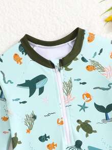 男婴连体长袖泳衣，沙滩防晒泳装 - 薄荷綠 - 查看 5